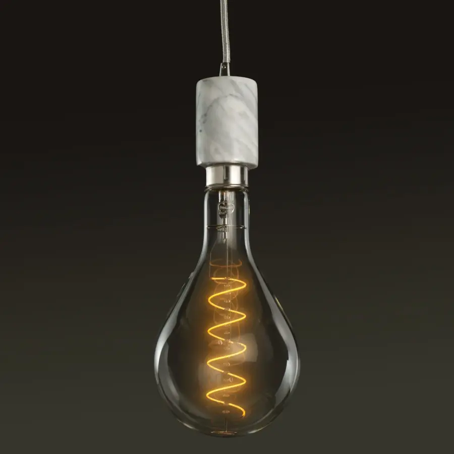 White Marble Pendant with LED Pear Bulb - Image 1