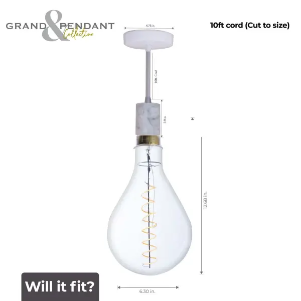 White Marble Pendant with LED Pear Bulb - Image 6