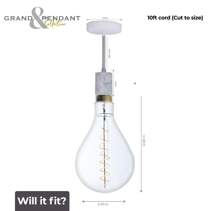 White Marble Pendant with LED Pear Bulb - Image 6