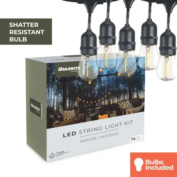 This 14-foot string light kit features 10 energy-efficient LED S14 bulbs with warm white glow, perfect for creating ambiance indoors or outdoors. Commercial-grade construction with WET rating ensures durability in all weather conditions. - alternate view