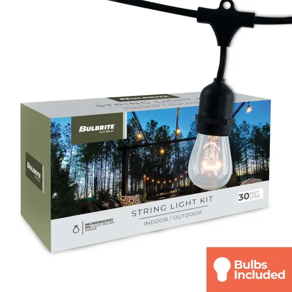 These 30-foot black string lights feature 12 clear S14 incandescent bulbs with decorative styling. WET rated for all-weather outdoor use, they're perfect for patios, porches, and indoor spaces. Connect up to 6 strands for expansive coverage. - alternate view