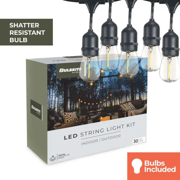 These 30-foot LED string lights combine energy efficiency with classic style. Featuring 12 shatter-proof S14 bulbs with warm 2700K light, they're ETL rated for wet locations and built with commercial-grade cable for durability. - alternate view
