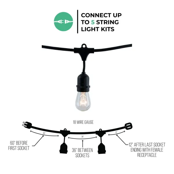 48-Foot Black String Lights with 15 S14 Clear Bulbs - Image 4