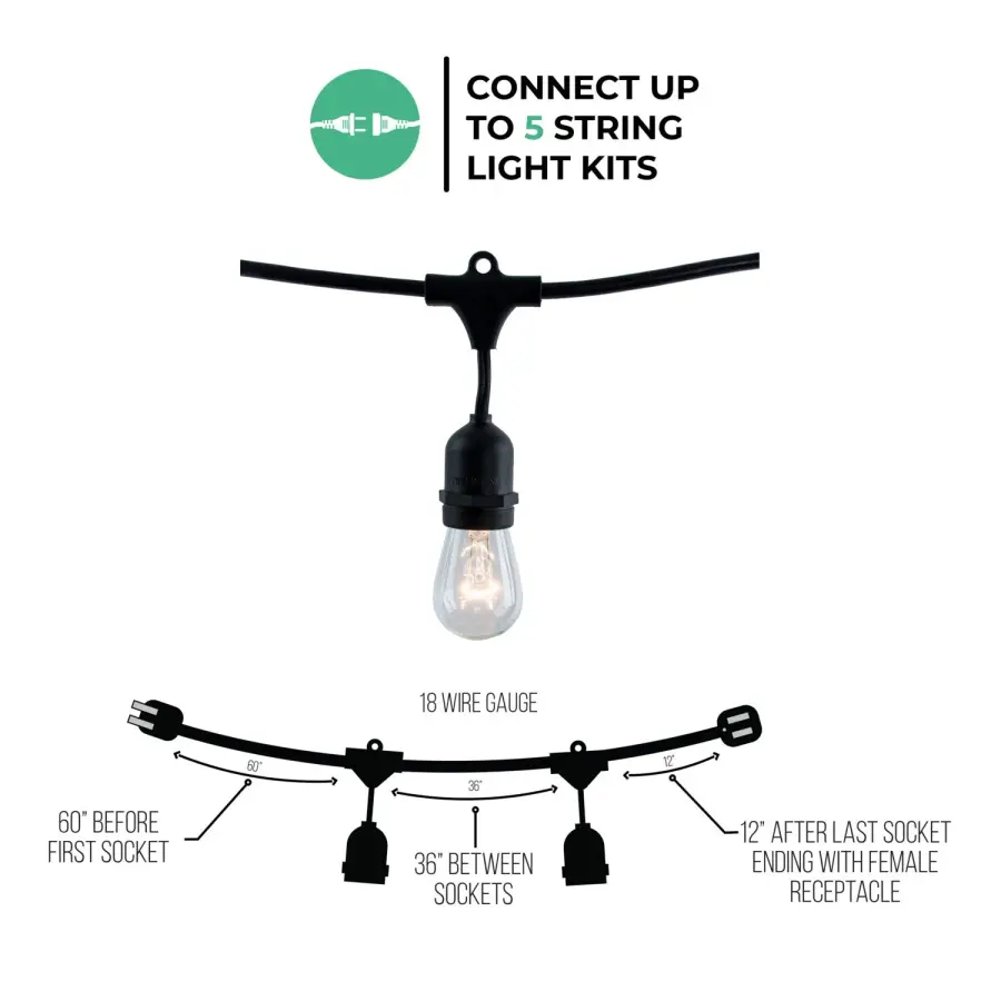 48-Foot Black String Lights with 15 S14 Clear Bulbs - Image 4