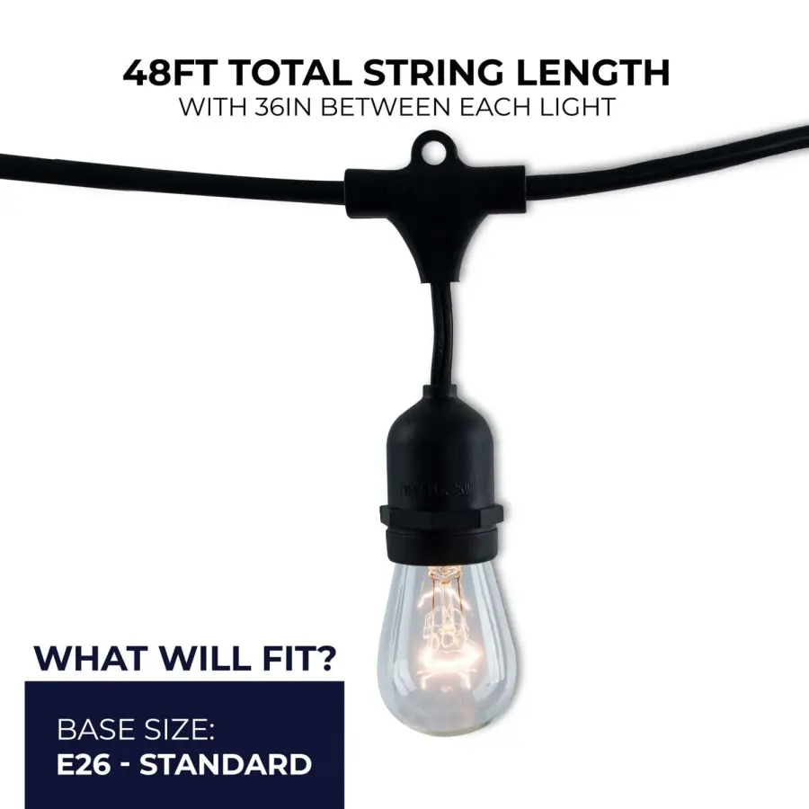 48-Foot Black String Lights with 15 S14 Clear Bulbs - Image 6