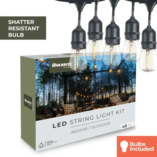 This commercial-grade LED string light kit features 15 shatter-proof S14 bulbs across 48 feet, delivering warm 2700K lighting with energy-efficient 1W LED technology. ETL-rated for wet locations and connectable up to 25 strands. - alternate view
