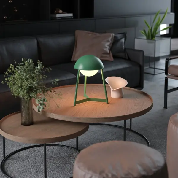 The HELMET table lamp brilliantly reimagines 1950s office lighting with contemporary cordless technology. Its elegant domed iron shade and milky glass diffuser deliver refined, glare-free illumination with three brightness levels and 8+ hours of battery life. - alternate view