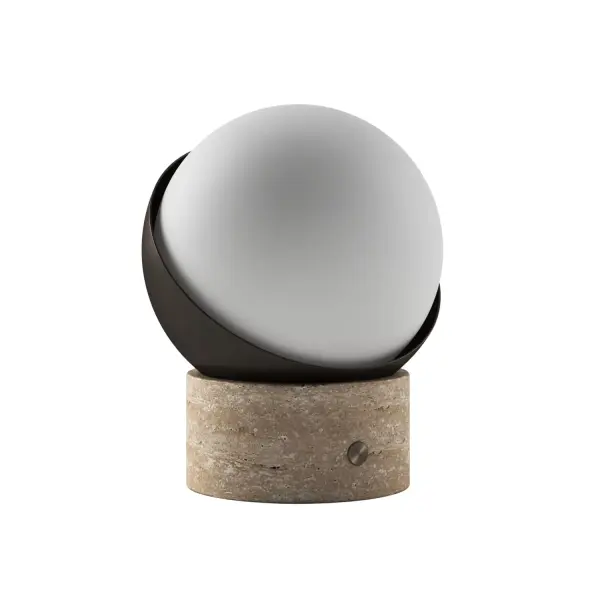 The ORB by Kibün combines geometric perfection with material luxury, featuring a luminous two-layer opal glass globe cradled in an angled metal shade. Built on genuine travertine stone, this cordless lamp offers 8+ hours of battery life with three brightness levels (60-300 lumens) and exceptional 90+ CRI warm white light. Perfect for spaces requiring flexible, cord-free lighting with sophisticated design.