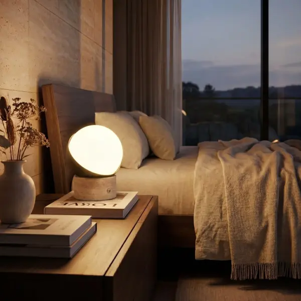 ORB by Kibün - where geometric perfection meets material opulence. This captivating accent piece features a luminous cased two-layer opal glass globe that radiates a gentle, ethereal glow throughout your space. The innovative design places this perfect sphere within an artfully angled metal shade that cradles the removable glass element, creating a striking visual composition that's both contemporary and timeless. Each ORB rests upon a foundation of genuine natural stone, adding both dimensional interest and substantial presence to this compact masterpiece. With perfectly balanced proportions of 10" diameter and 20.5" height, ORB commands attention at about 8 pounds while remaining easily portable, liberating your lighting design from the constraints of outlets and cords. At Kibün by Bulbrite, we've leveraged over 50 years of lighting expertise to create a truly portable lighting solution. ORB freeing your space from the constraints of cords and outlets, offering remarkable flexibility for both indoor and outdoor settings. Customize your ambient lighting experience with three distinct brightness levels - from a subtle 60-lumen whisper to a room-filling 300-lumen brilliance. The warm white 2700K temperature combined with exceptional 90+ CRI rendering ensures colors appear rich and true beneath ORB's gentle luminance. Available in two exquisite pairings - Chocolate Bronze shade with Travertine base or Brushed Brass shade with Black Marble base. Due to the inherent uniqueness of natural stone, each ORB features subtle variations in its base, ensuring your lighting piece is truly one-of-a-kind. Geometric perfection with luminous two-layer opal glass globe Innovative design features artfully angled metal shade cradling removable glass Premium natural stone base adds dimensional interest and substantial presence Advanced cordless design with 8+ hours of battery life for ultimate placement flexibility (includes USB-C charger) Three brightness levels from ambient 60 lumens to brilliant 300-lumen task lighting Premium 2700K warm white temperature with exceptional 90+ CRI for true-to-life colors Perfectly balanced 10" diameter at 8.1 pounds combines presence with portability 1 year Limited Warranty - alternate view