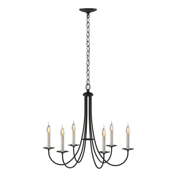 Our 6-Arm Simple Sweep Chandelier is a celebration of our roots. Hubbardton Forge's design team is well-versed in classic iron creations. Designed to look candle-powered, they've improved upon tradition and added some Edison influence.