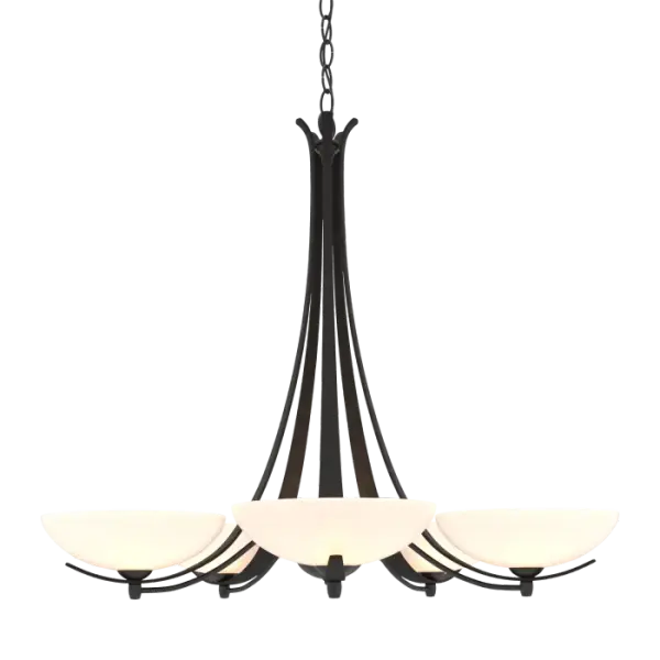 The hand-worked ribbons and pipes of steel paired with elegant glass bowls give this design a transitional twist. The five-arm Aegis Chandelier is a beautiful addition to a range of design styles. Formed by artisans at our forge here in Vermont, each piece is unique.
