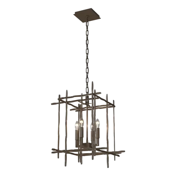 A smaller version of the Tura 4-Light Pendant, this eye-catching chain-hung fixture is perfect to light hallways and corridors, in multiples over a kitchen island and in other spaces where functional, yet beautiful lighting is needed. Hand-hammered aluminum pieces intersect at perpendicular angles, creating a modern open cage-like structure.