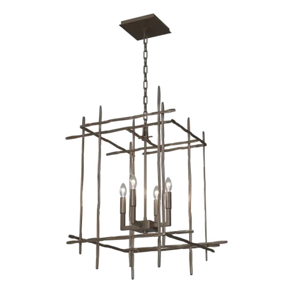 An impressive mid-sized hanging fixture, the Tura 4-Light Medium Pendant features hammered aluminum pieces that intersect at perpendicular angles to create an open cage-like structure that holds 4 candelabra bulbs within. A versatile size that is perfect for breakfast nooks, as a duo over a kitchen island, in a hallway or in any gathering space.