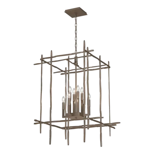 The Tura 8-Light Large Chandelier is the perfect focal piece for your dining room, foyer, great room or any living space. The chandelier has candelabra bulbs and an intersecting perpendicular structure of individually hammered aluminum pieces that look like organic twigs from nature.