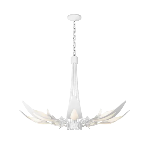 Skilled Vermont artisans hand-forge and shape this beautiful lighting fixture, reminiscent of a parasol form. The forged metal texture comes through in each detail. Handmade slumped art glass is nested into each of these seven arms. Parasol designer Jason Hancock recommends using a "milky" candelabra bulb for the perfect effect.