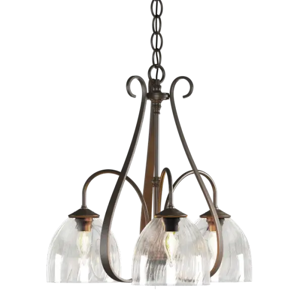 We challenge you to keep your eyes fixed on just one section of this fixture. The hand-shaped steel ribbons and tubes create the visual illusion of movement. Let your eyes follow graceful curves that flow to and from the bell-shaped glass down-lights.