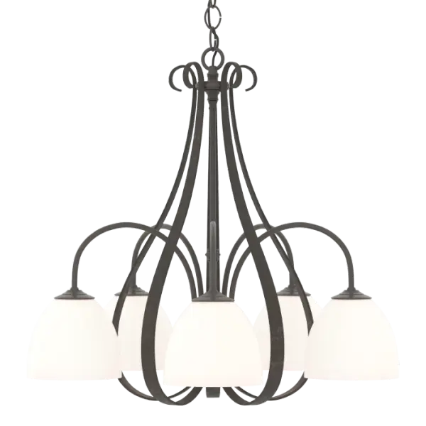 We challenge you to keep your eyes fixed on just one section of this fixture. The hand-shaped steel ribbons and tubes create the visual illusion of movement. Let your eyes follow graceful curves that flow to and from the bell-shaped glass of the down-lights.
