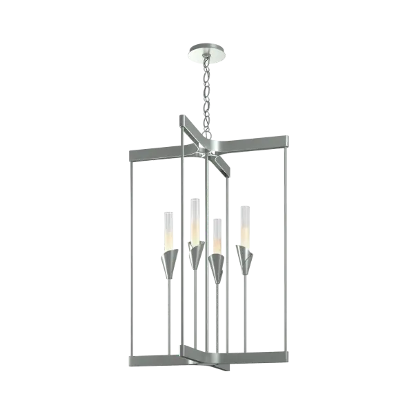 It is easy to see at first glance that designer Paul Marr Hilliard was inspired by the botanical nature of the lily. Each "tige" of the Lilium reaches upward toward its beautifully forged and shaped receptacle that holds a tall gradient-frosted glass cylinder that houses the light. The balance of the four vertical "stems" and its forged metal band give it the perfect shape and scale for multiple uses in a variety of spaces.