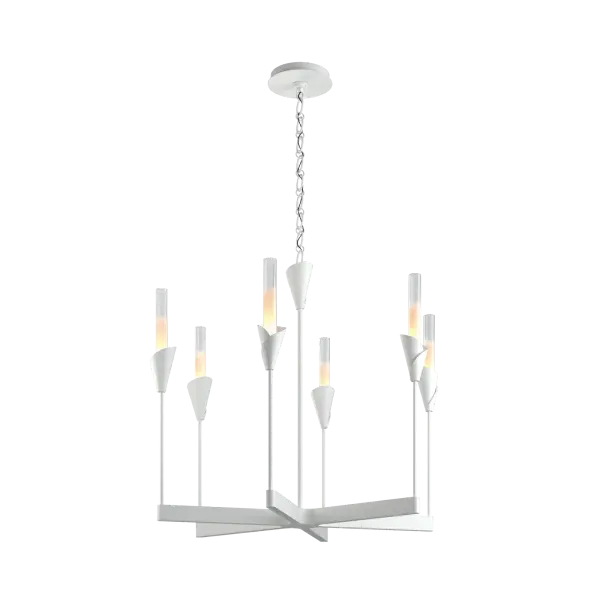 Stunning. The Lilium Collection, designed by Paul Marr Hilliard, incorporates an example of the expert artisanal work of our Vermont makers. Inspired by the clean lines of nature's Lily, each of this chandelier's six metal tiges culminates in a hand-forged and meticulously shaped substantial bobèche that nestles a tall gradient-frosted glass cylinder housing a light within.