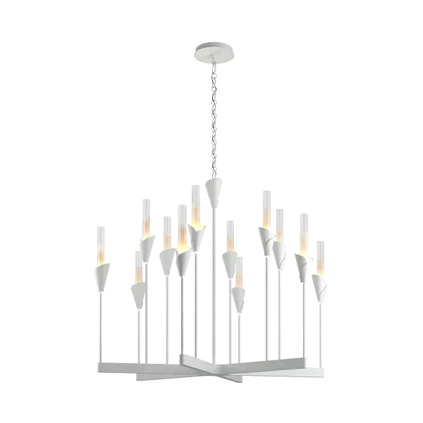 This botanically inspired lighting fixture resembles a field of lilies standing tall. This 12 light, two-tiered chandelier with clean lines features hand-forged tall "cups" that hold vertical gradient-frosted cylindrical glass tubes housing the light within. Paul Marr Hilliard designed the cup's shape to resemble a lily's receptacle, as if giving life to the light.