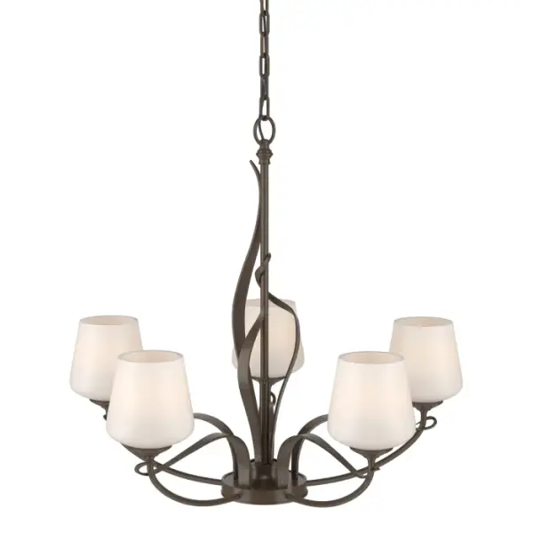 Taking inspiration from nature, our artisans create our five-armed Flora Chandelier by skillfully shaping steel bars and bands into gentle curves at our forge in Vermont. The steel tendrils twine around the fixture's main structure as they climb toward the sky. - alternate view