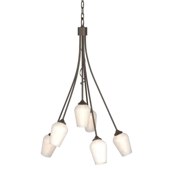 Taking inspiration from nature, our artisans fashion our six-armed Flora chandelier at our forge in Vermont. A single tendril peeks down between the light stems, giving a teasing hint of a verdant bloom soon to arrive. - alternate view