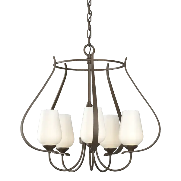 This five-armed chandelier showcases our Vermont forge work. From the circlet crowning the piece, to the bands swooping down, to the round bars that sprout the glass, the hand-shaped steel delivers curve after curve.