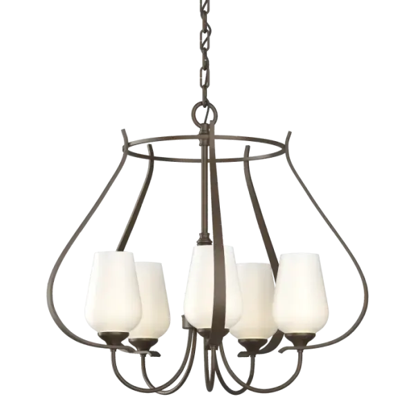 This five-armed chandelier showcases our Vermont forge work. From the circlet crowning the piece, to the bands swooping down, to the round bars that sprout the glass, the hand-shaped steel delivers curve after curve. - alternate view