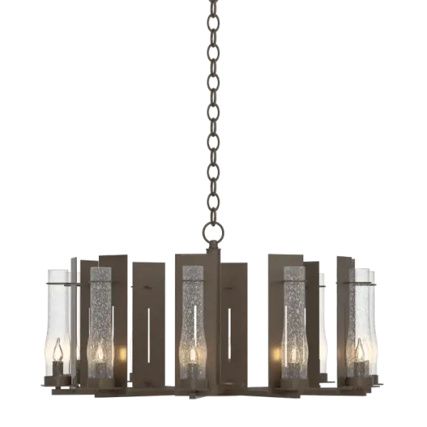 There's a sense of strength and permanence when you look at a classic example of hand-worked iron. There's definitely something to be said for it and that's why we're still saying it today with our large, 10-light, circular New Town Chandelier. - alternate view