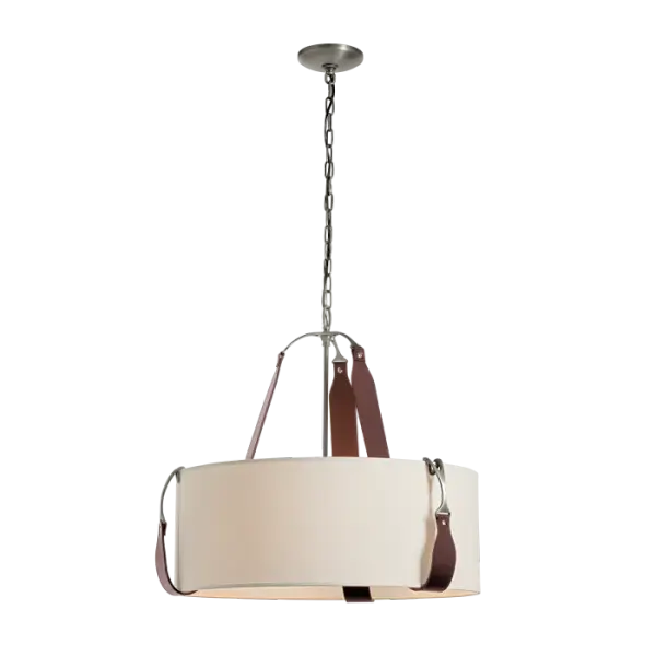 A classic shape with sophisticated, equestrian details. A round, drum shade is held by maker's hooks with three artisanally-made leather straps, available in 3 colors and your choice of Polished Nickel or Antique Brass hardware. Also available in a larger size.