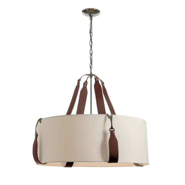 A twist on the classic drum shaded-pendant with four artisanal leather straps, in a choice of three colors, that each attach with a maker's hook, fitted to hold the shade securely while adding a sophisticated detail. Also available in a smaller size. Available in your choice of Polished Nickel or Antique Brass hardware.