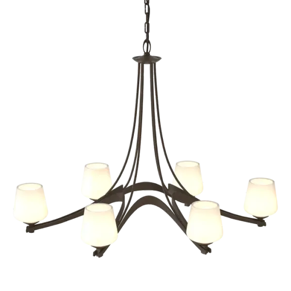 Our six-armed Oval Ribbon Chandelier is a perfect complement for room designs from traditional to modern. Flowing ribbons of hand-forged steel crescendo midway between each glass. Delicate steel tubes hold the piece to complete the composition. - alternate view