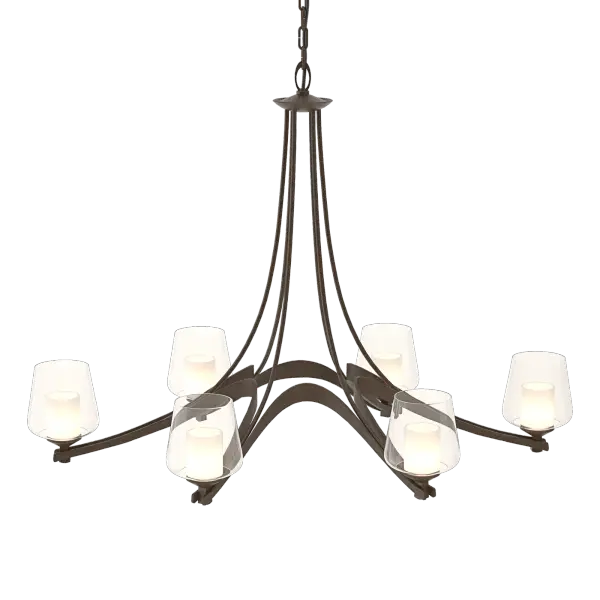 The flowing, hand-forged steel ribbons of our six-armed Ribbon Chandelier crescendo midway between each pairing of glass dome over glass tube. Delicate steel pipes hold the piece to complete the composition.