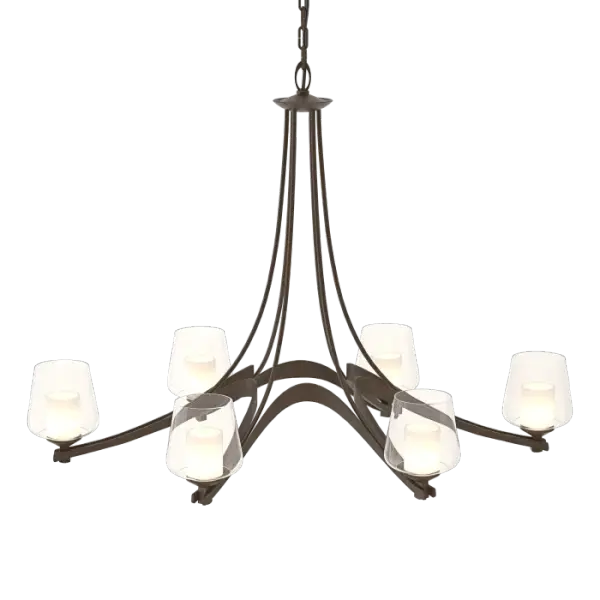 The flowing, hand-forged steel ribbons of our six-armed Ribbon Chandelier crescendo midway between each pairing of glass dome over glass tube. Delicate steel pipes hold the piece to complete the composition. - alternate view