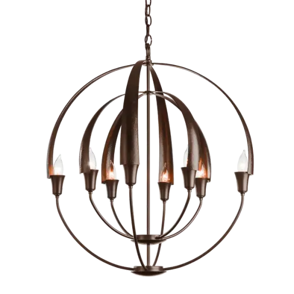 There's no need to make a choice between form and function - as part of the Cirque Collection, this large chandelier delivers both. Two concentric orbs are hand-forged into eight tapered steel petals merging at the sculpture's apex.