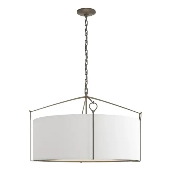 Clean lines and generous light output—this Large Bow Pendant has simple lines and with the versatility for a variety of settings and styles. Classic hook and loop details suspend the shade, while a lightly curved bottom glass diffuser softly disperses the light. Standard and Tall sizes also available.
