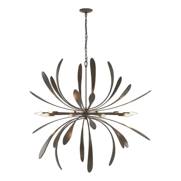 The Large Dahlia Chandelier provides a sculptural botanical aesthetic, like its namesake flower. Hand-forged steel “petals” flare outward from the center and are illuminated by 10 exposed bulbs. A stylish and versatile focal piece, the Dahlia Chandelier is available in your choice of finishes, making it the perfect pick for living room, dining or entryway lighting. Also available in a smaller version.