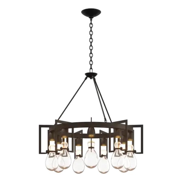 Gracefully held in place by detailed steel cuffs and a large circular frame, nine hand-blown hourglass vessels capture pools of downward light. The glass elements speak to the apothecary jars of an earlier time, while the metalwork reflects clean contemporary lines. The round Apothecary Chandelier is a part of Hubbardton Forge’s Apothecary Collection, blending simplicity in form with richness in materials and finish—easily adaptable to a wide range of styles.