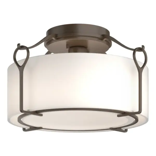The versatile Bow Medium Semi-Flush features simple lines, suited to multiple settings and design styles. Classic hook and loop details suspend a glass shade, available in 2 glass options, while a lightly curved bottom glass diffuser disperses the light. Also available in standard and Large versions. - alternate view