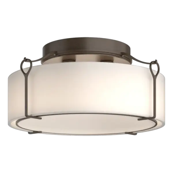 The versatile Bow Large Semi-Flush is a perfect fit to multiple settings and design styles. With clean lines and classic hook and loop details suspending a glass shade, available in 2 glass options, the Bow’s lightly curved bottom glass diffuser disperses the light. Also available in standard and Medium versions.
