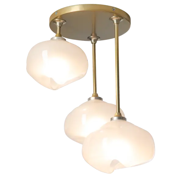 The Ume 3-Light Semi-Flush offers the opportunity for a staggered length ceiling fixture to illuminate your space. With three unique Ume frosted glass shades, it has a botanical feel. A soft, yet functional, light is emitted from within these exquisite shades that are frosted on the inside, glossy on the outside. Available in all standard finishes. - alternate view