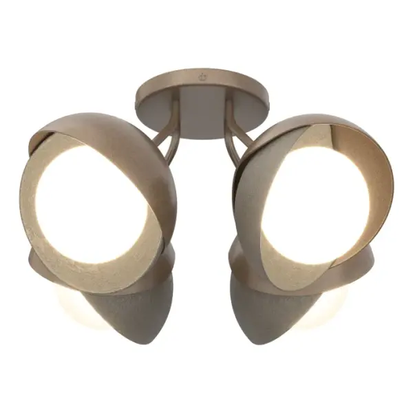 Each of this Brooklyn Double Shade Semi-Flush's four glass globes are shrouded by two hand-forged shades, each hammered from a flat plate of steel. Steel arms are angled out from the canopy, giving a broad range of illumination from a seemingly small cluster of lights. This ceiling fixture is available as a two-tone finish, with forged and textured shades that may be in different colors for dramatic effect. Available in all standard finishes. - alternate view