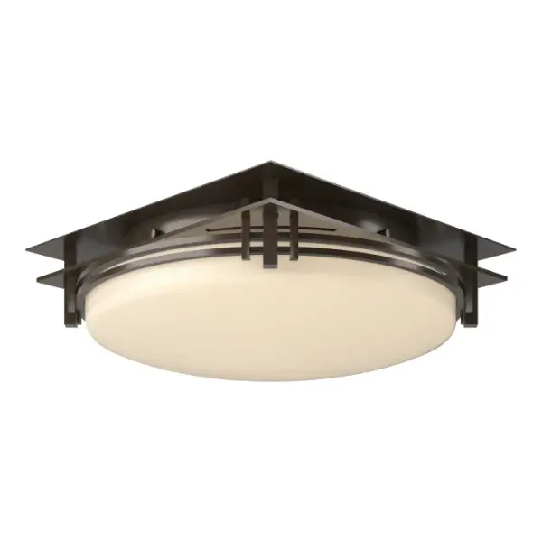 A clean, sleek design that evokes dreams of the Far East is the hallmark of this flush-mount ceiling light from our Banded Collection. True to the collection's name, a handcrafted steel band encircles the glass. Crafted here at our forge by Vermont artisans. - alternate view