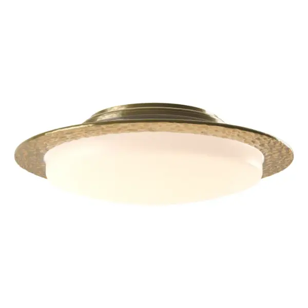 This semi-flush offers high quality craftsmanship with a low profile. The dome-shaped glass surrounded by a thin, flat, forge-textured ring, lets the fixture stay close to the ceiling and displays the metal mastery Hubbardton Forge is so well-known for.