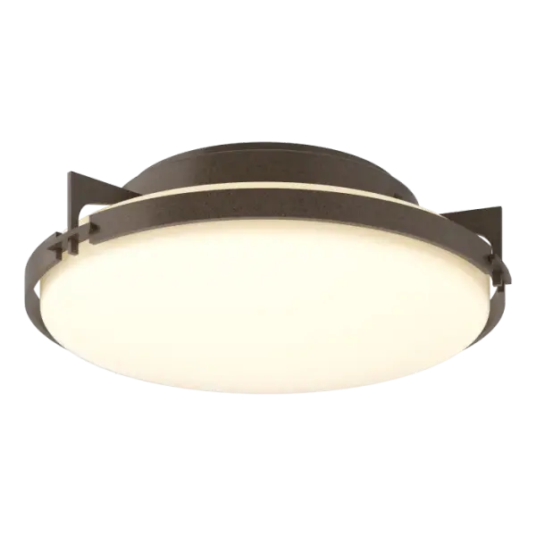 Thin metal arms secure the band circling the glass oval. The simple, minimalistic design of our ceiling light means it plays well with the designs of a wide range of spaces.
