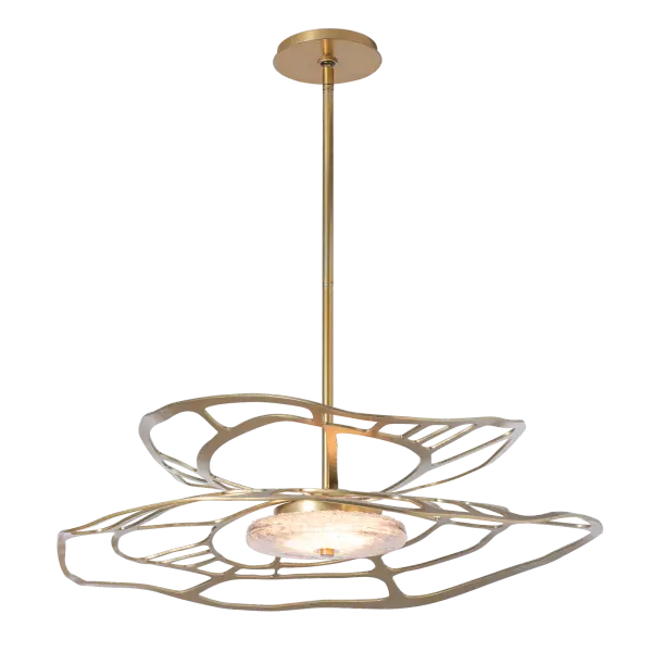Defined as a "dreamy abstraction", this large Muse pendant fulfills that mission. A creative masterpiece, this abstract form is seen by many to resemble a monarch butterfly, while others see a complex web; yet all see the beauty of this abstract form made of forged metal. Its thick clear textured glass disc encases the light within. The Muse features a selectable CCT, allowing you to choose from three color temperatures (2700/3000/4000K) to best suit any given space. Available in any of our standard interior finishes. - alternate view