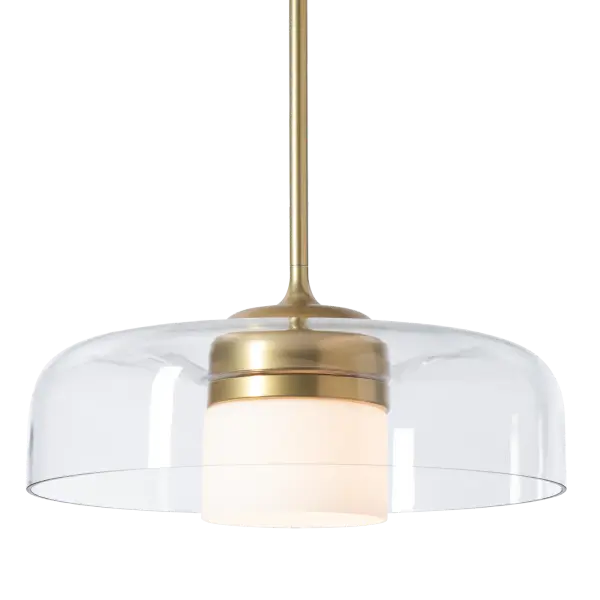 Glass upon glass...The Sora Pendant's clear outer glass has a unique shape, as if pressed downward in the center, much like a flower with a central disc floret. Nestled within is an opal inner glass that encases the light within. Beautiful metal details add to the allure of the Sora. Available in any of our standard interior finishes. - alternate view