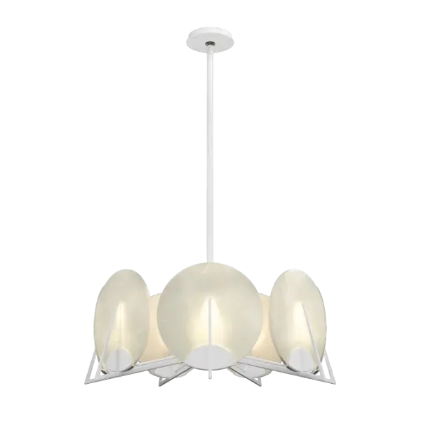 Immediately, you notice the beautiful Alabaster stone discs that vary organically in the Callisto 7-Light Pendant. Nestled in small demi-lune metal bases with spider-like metal tine stabilizers, this contemporary lighting fixture features a traditional alabaster, chosen by designer Ori Goldberg, that has a rich history of use for carving decorative artifacts.