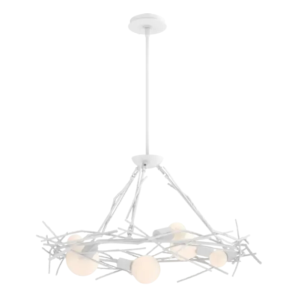 The Brindille Collection is known for its hammered metal “twigs”, inspired by nature’s bountiful Vermont forests. HF’s longtime head of design, David Kitts, “wanted to take our classic hammered Brindille elements and bring them into a more contemporary setting form, scale and light source” in creating the 6-Light Circular Pendant.