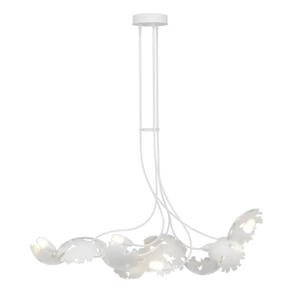 "Unlike other members of the Pangea family, the Pangea 6-Light Linear Pendant features the disintegrating of the sphere, merging the forged fragments and sinuous vining stems with bud-like glass enclosed lights" explains Designer David Martin. A sense of chaotic collision of the Pangea's supercontinental plates is visible through the placement of each hand-forged and shaped steel element along the linear plane of the fixture.